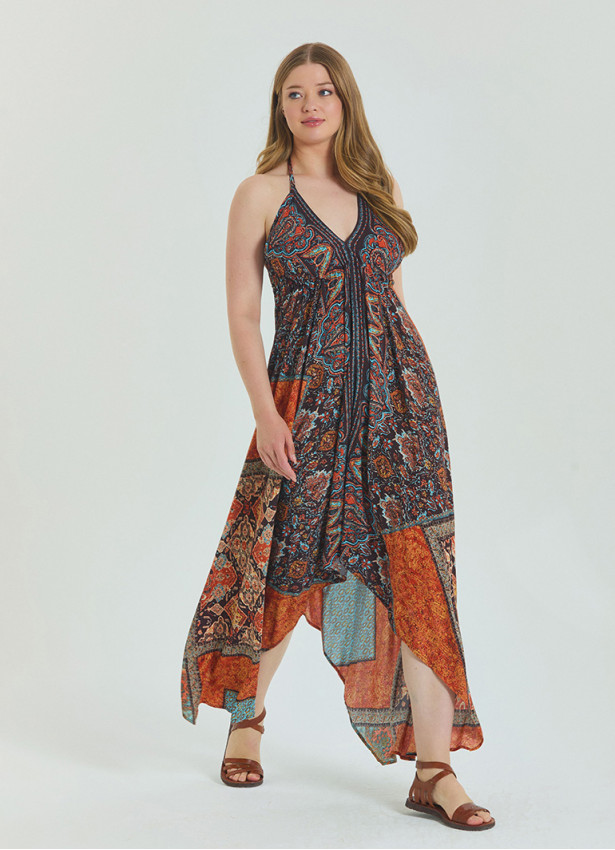 V Neck Backless Halter Neck Coffee Plus Size Dress 4662